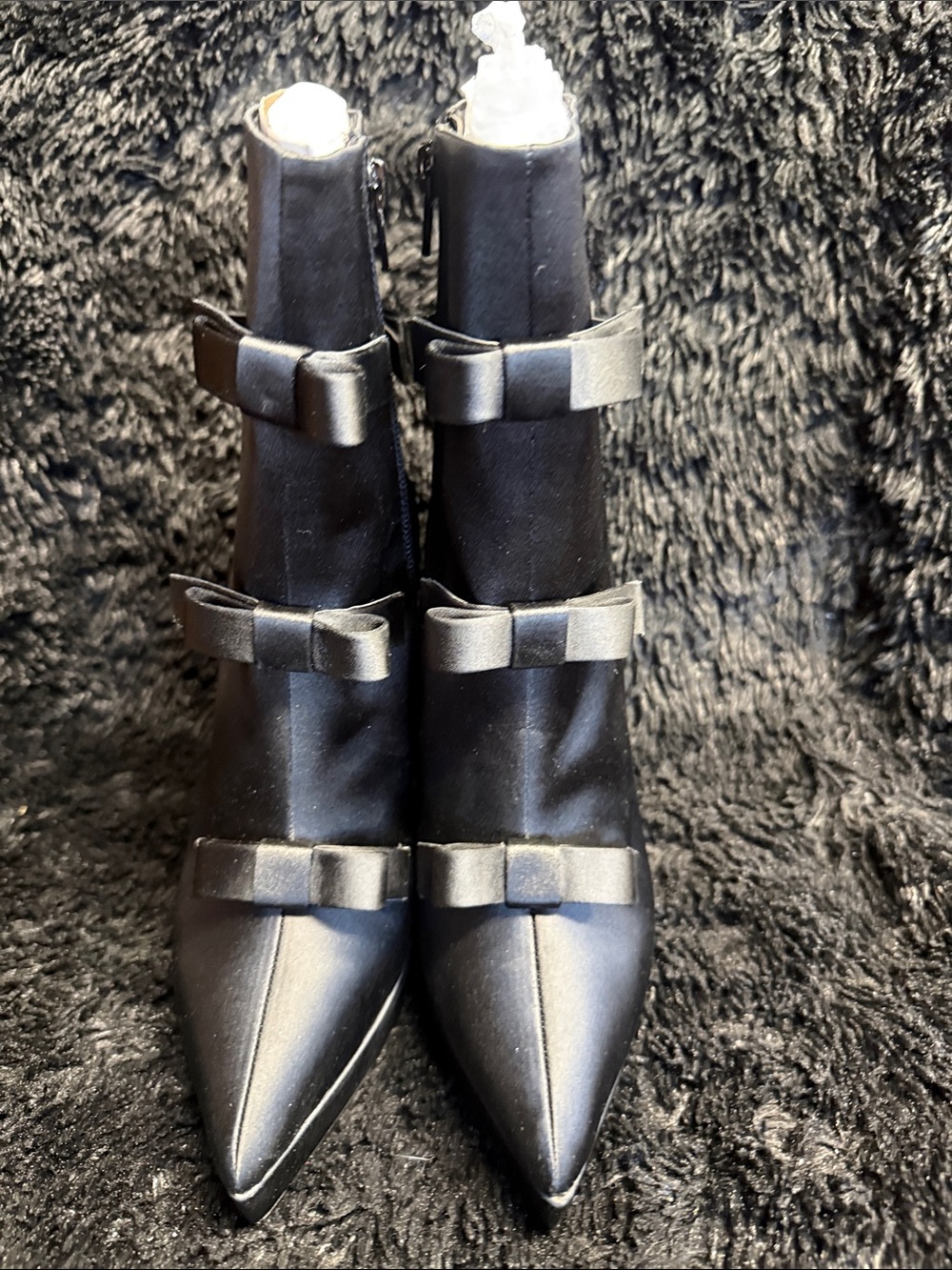 (DJZ) Dolls Kill Widow Black Satin Pointed Toe Bow Ankle Boots
